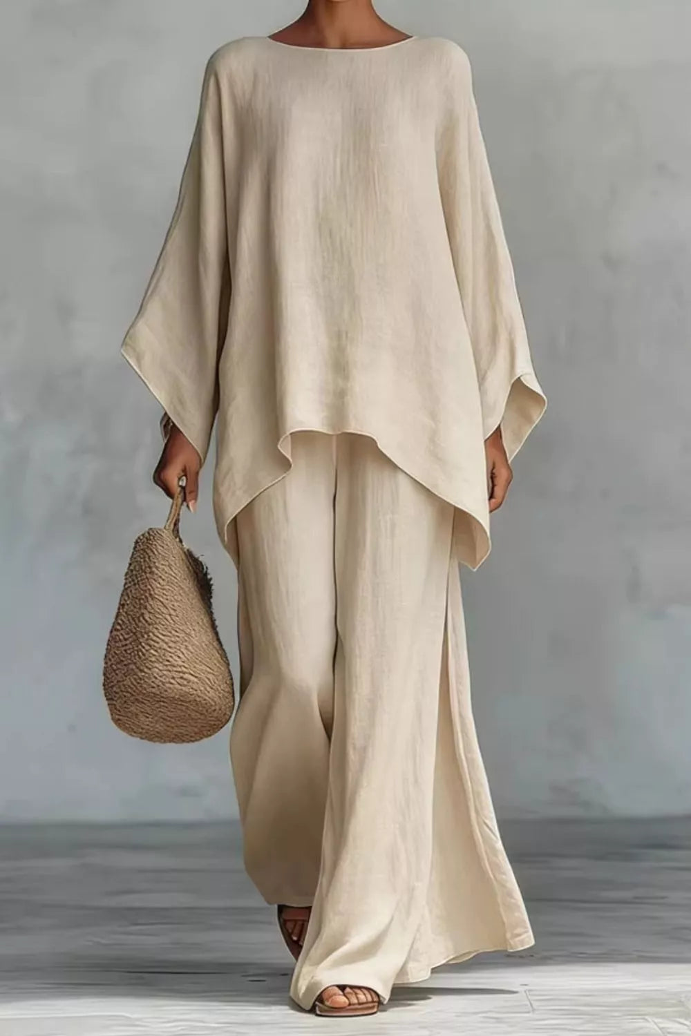 Long sleeve top and wide leg pants set angle view