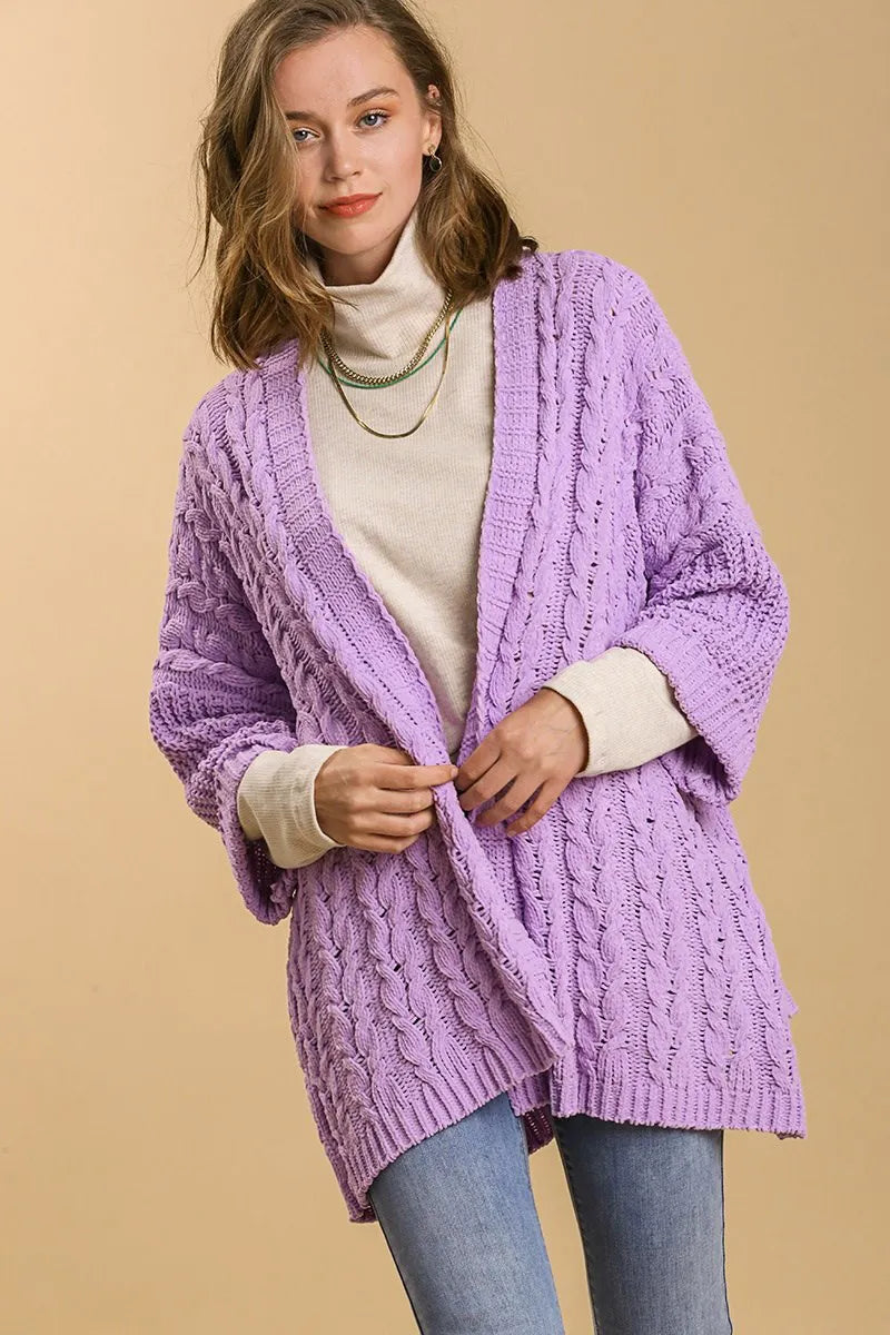 Umgee Full Size Cable Knit Open Front Long Sleeve Cardigan Lilac - Fashorio