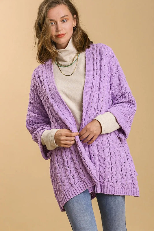 Umgee Full Size Cable Knit Open Front Long Sleeve Cardigan Lilac - Fashorio