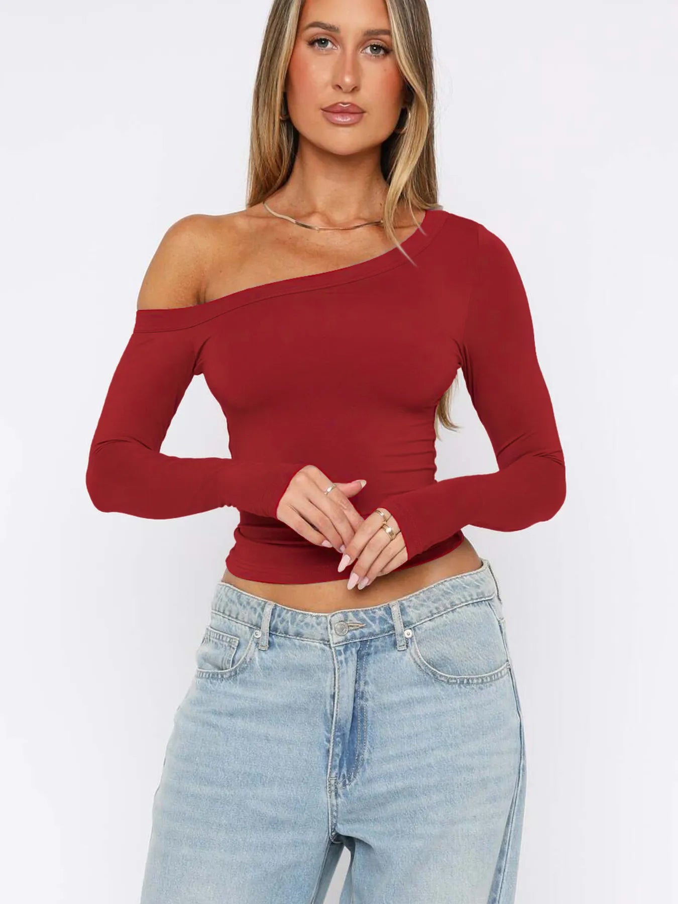 One Shoulder Long Sleeve Crop T-Shirt - Fashorio
