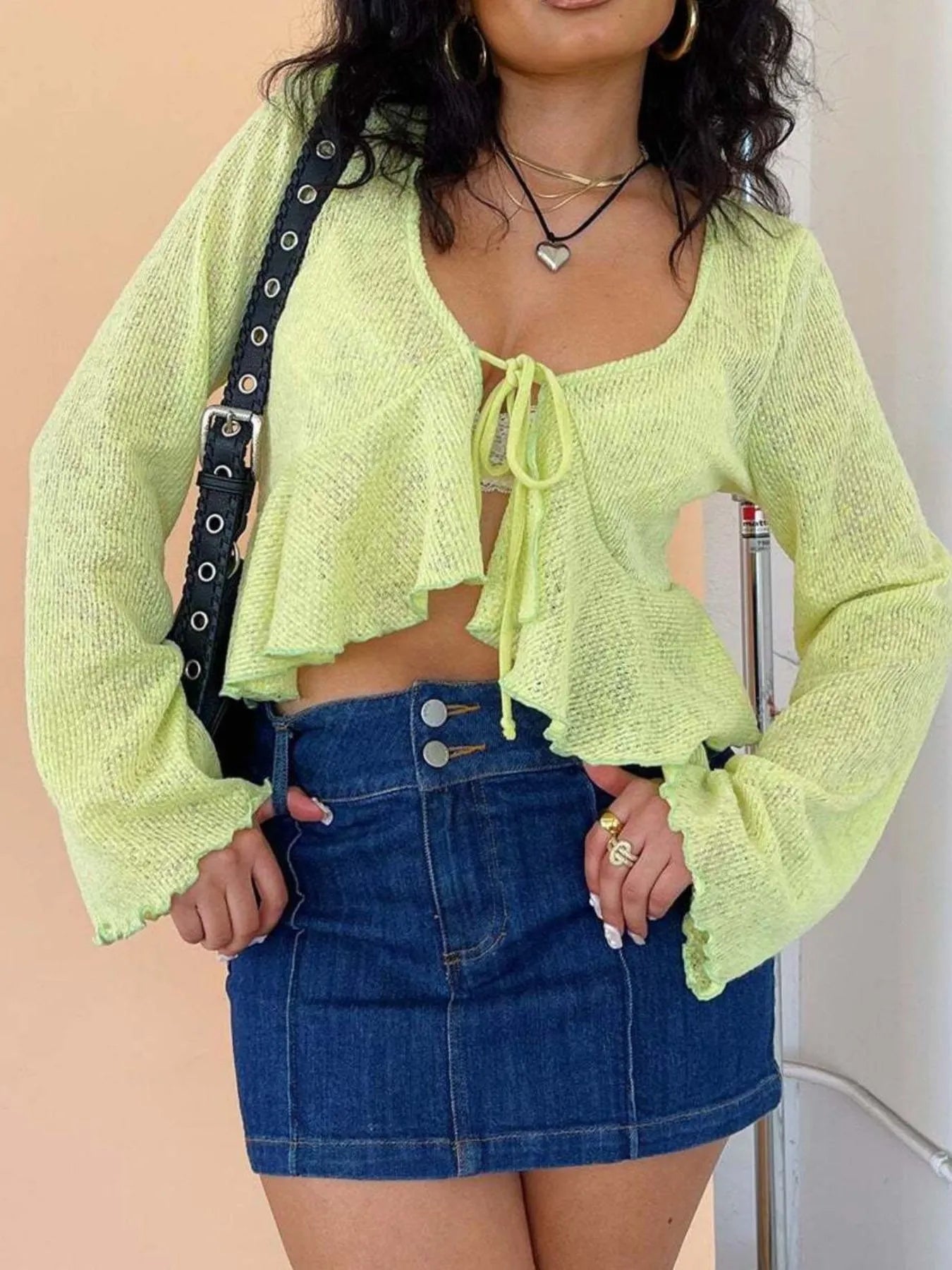 Ruffled Hem Tie-Front Cropped Cardigan - Fashorio