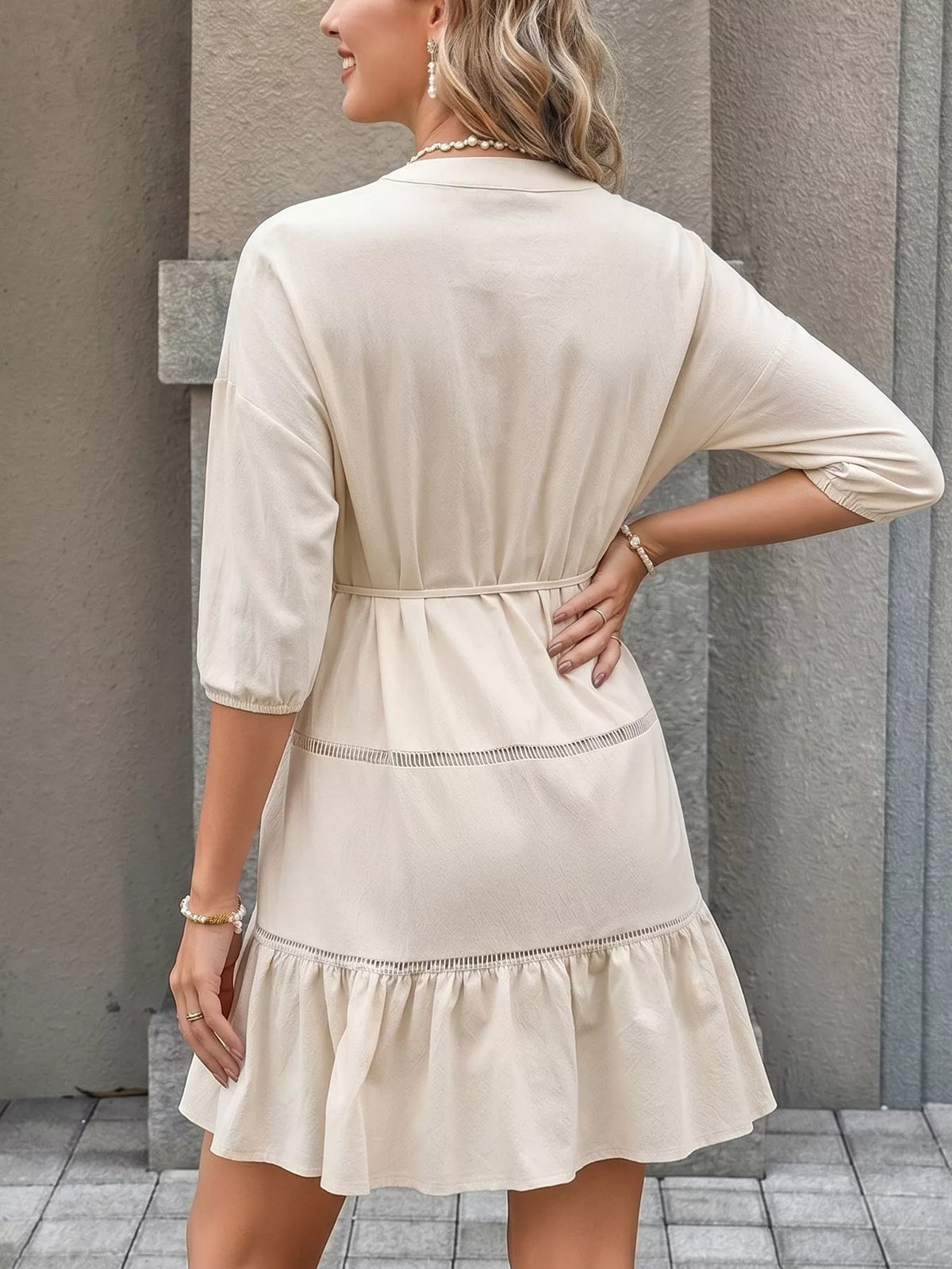 Apricot button front ruffle hem mini dress full length view