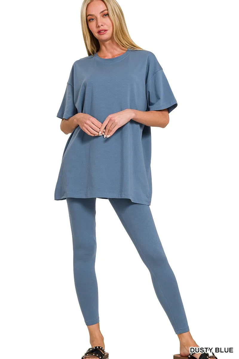 Zenana Cotton Round Neck Top & Legging Set DUSTY BLUE - Fashorio