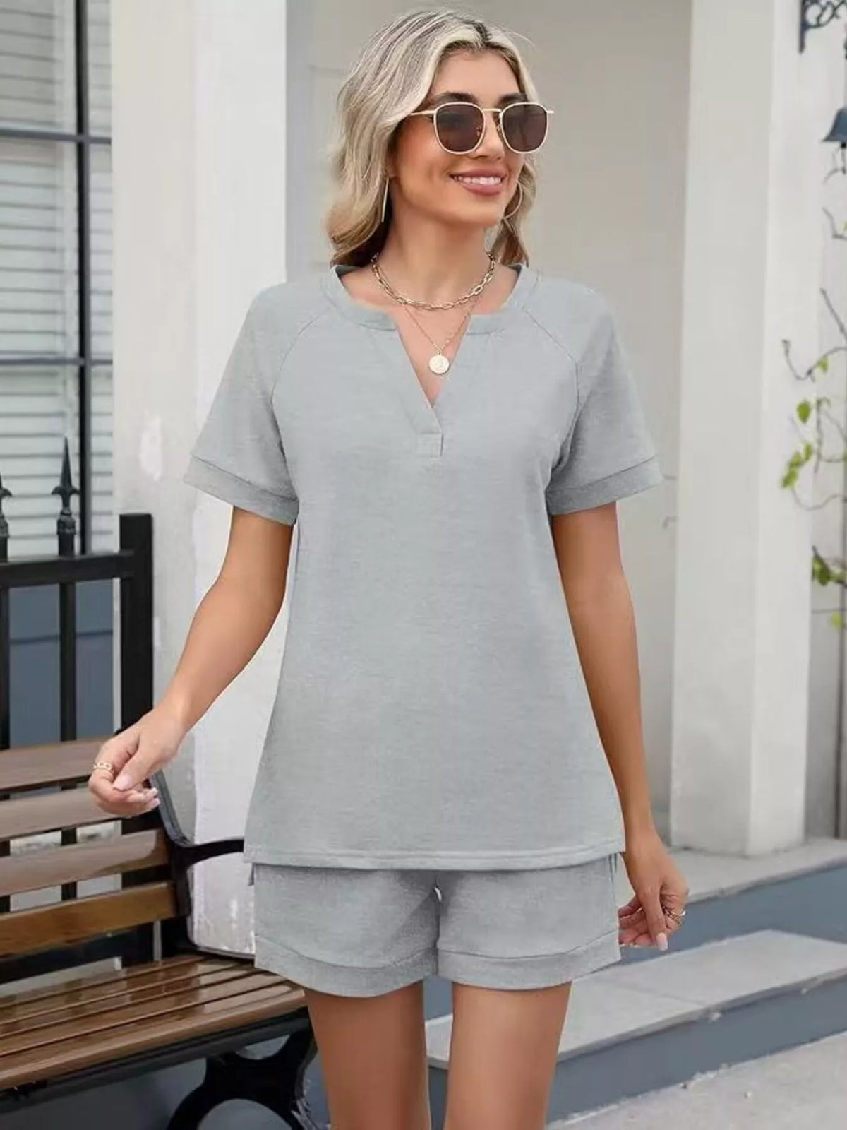 Solid Short Sleeve Top and Shorts Set, view 27