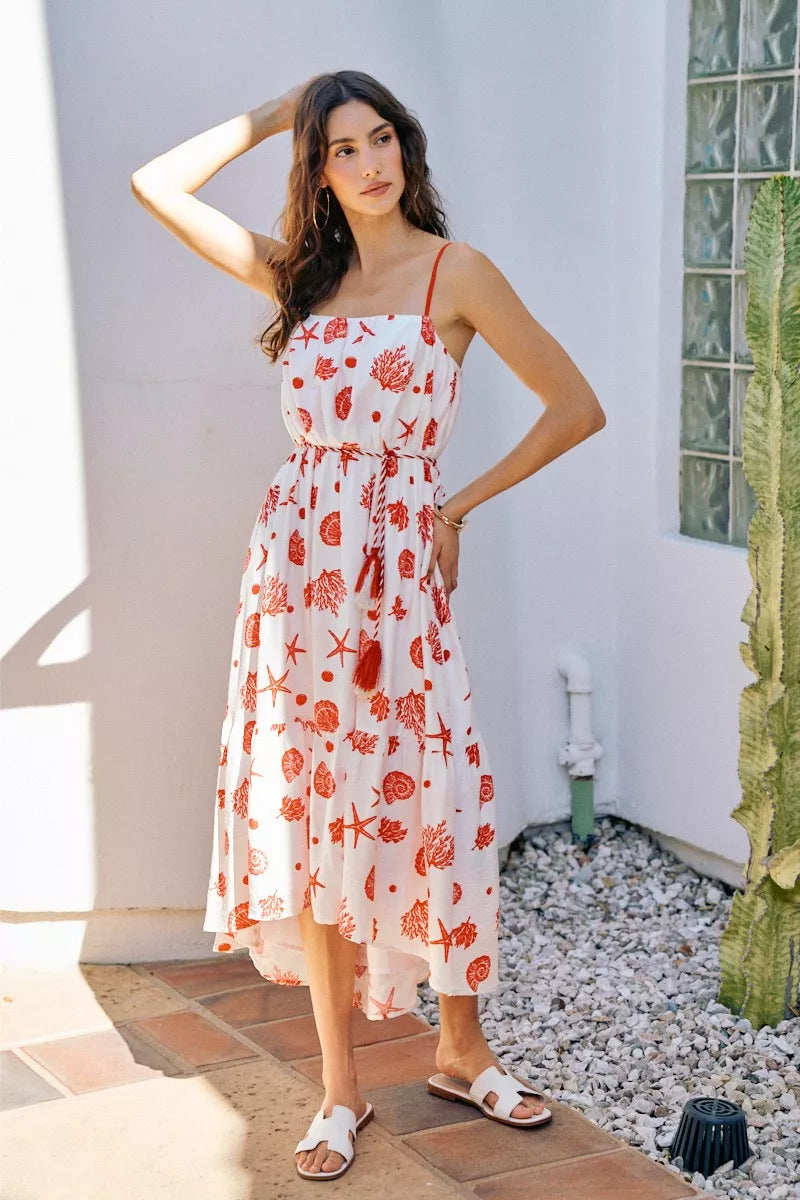 Red shell print tiered midi cami dress, front view