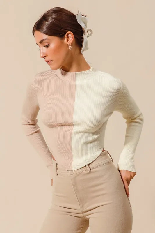 Color Block Fitted Cropped Sweater Top in Taupe and Ivory view 10