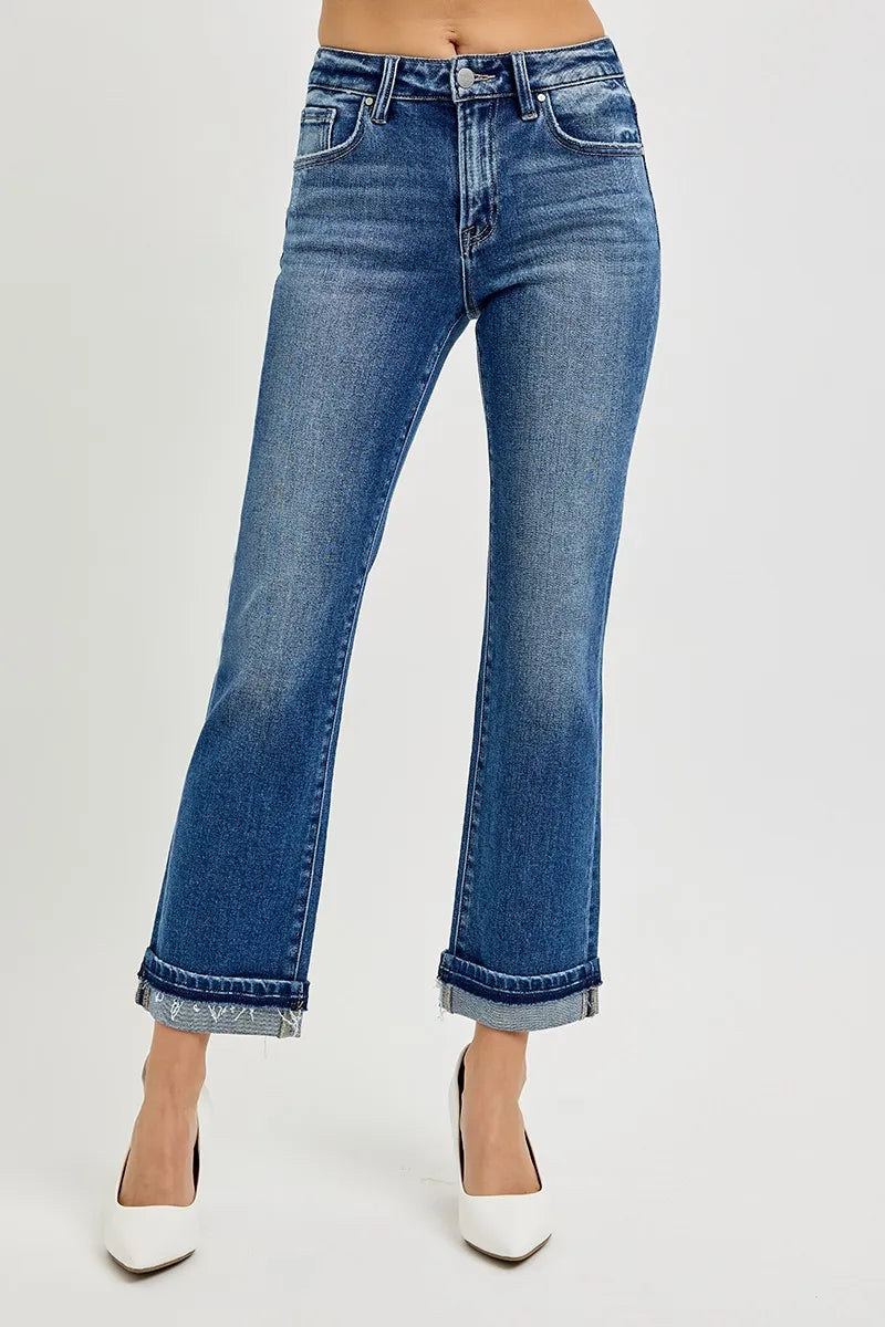 RISEN Mid Rise Ankle Straight Cuffed Jeans - Fashorio
