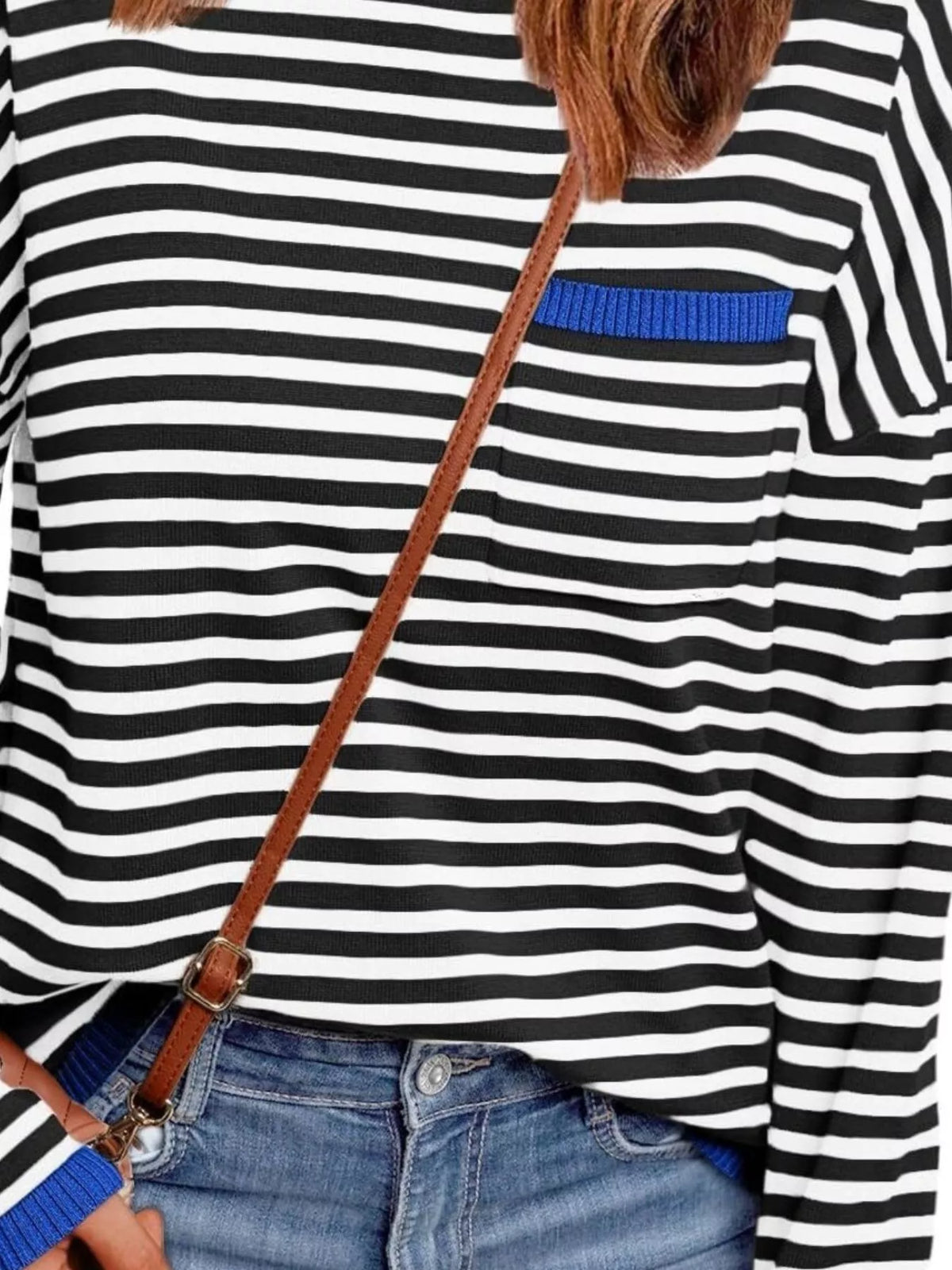 Striped round neck knit top close up fabric detail