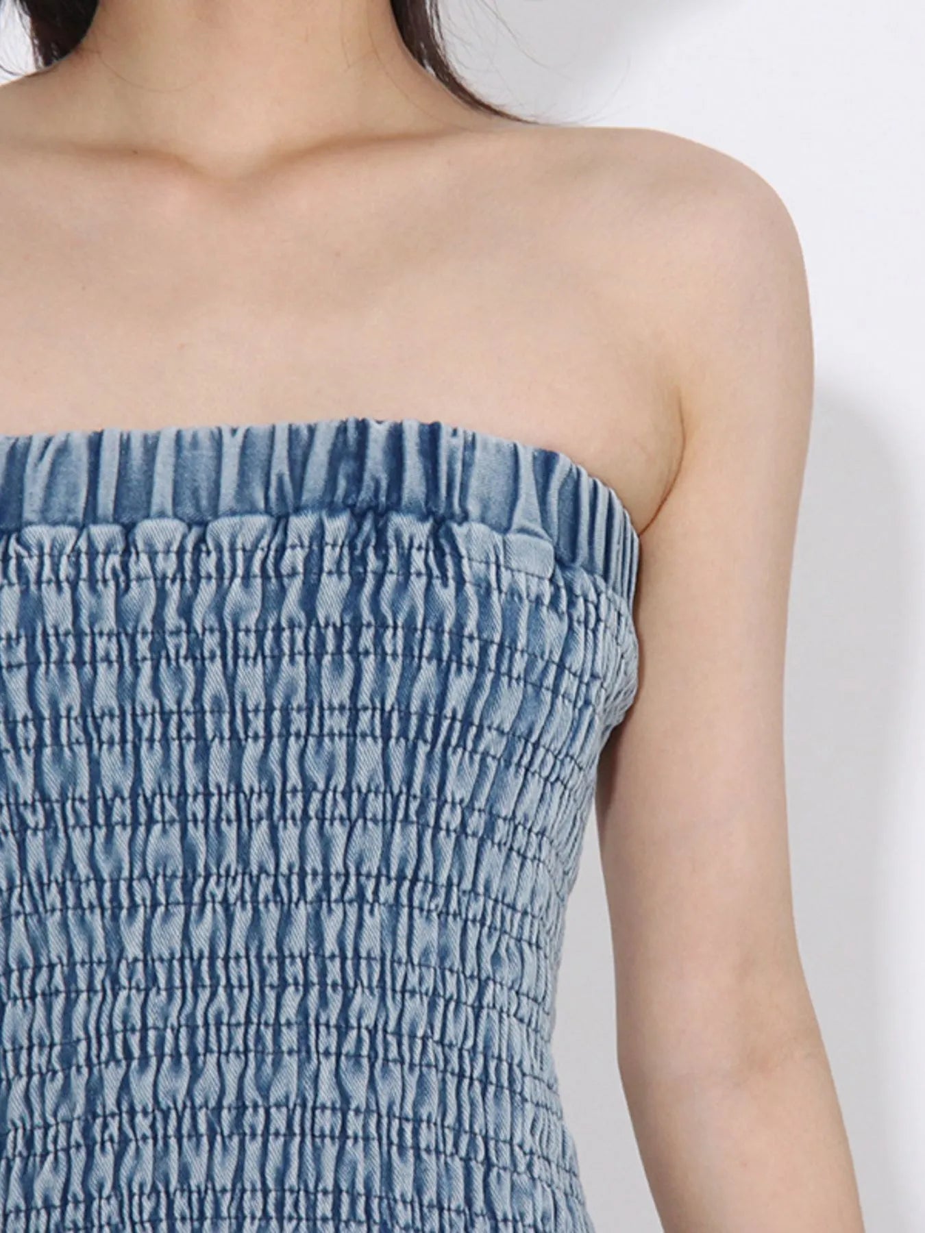 Smocked Ruffled Hem Denim Tube Top - Fashorio