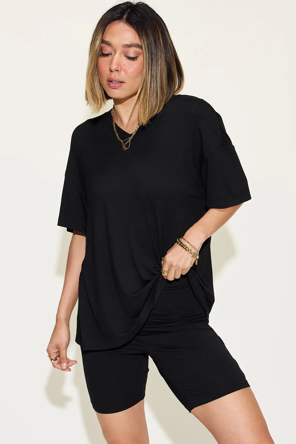 Basic Bae Full Size V-Neck Drop Shoulder T-Shirt and Shorts Set - Fashorio