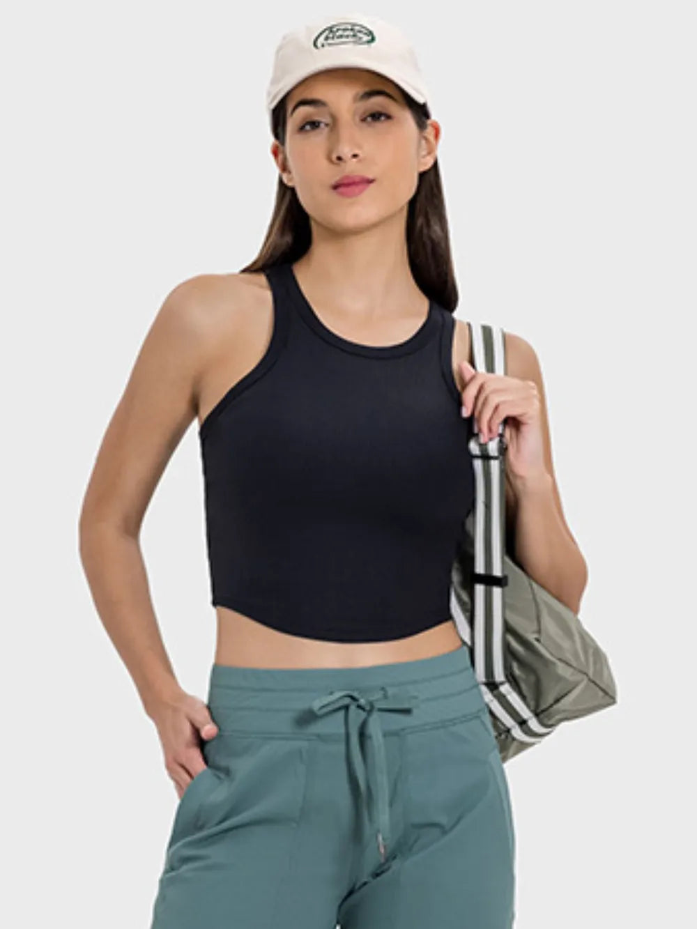 Round neck racerback active tank full length view