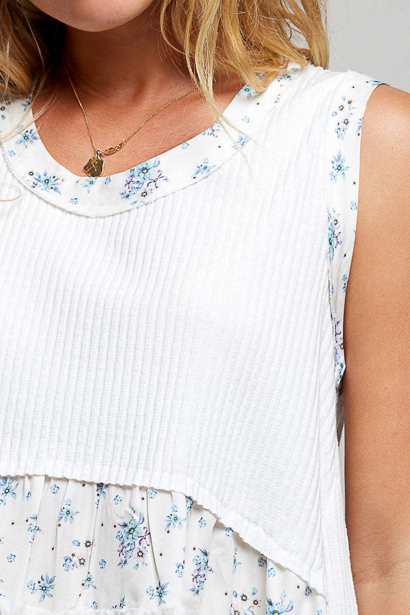 Off white floral print ribbed tank styled on model