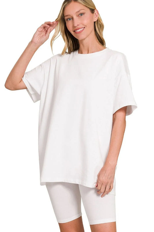 Zenana Cotton Round Neck Top & Biker Shorts WHITE - Fashorio