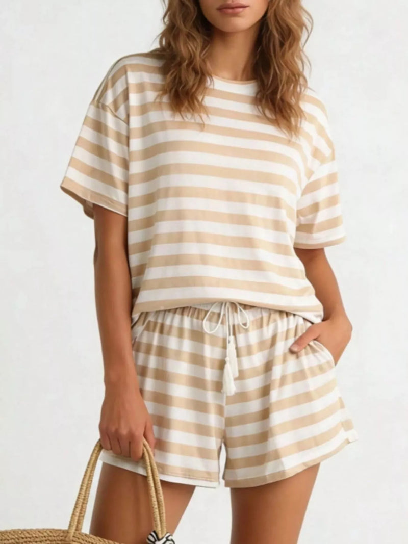 Striped tee and drawstring shorts set front view