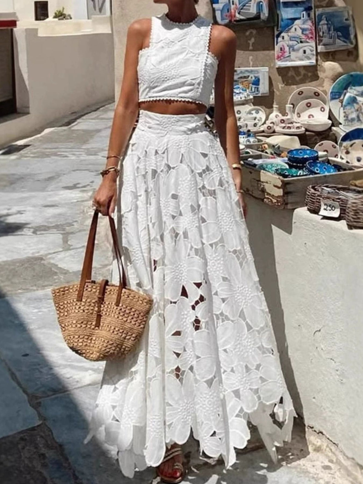 White coordinated floral lace tank and skirt set styled