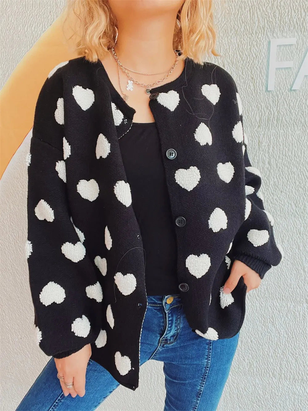 Heart Button Up Long Sleeve Cardigan Black One Size - Fashorio