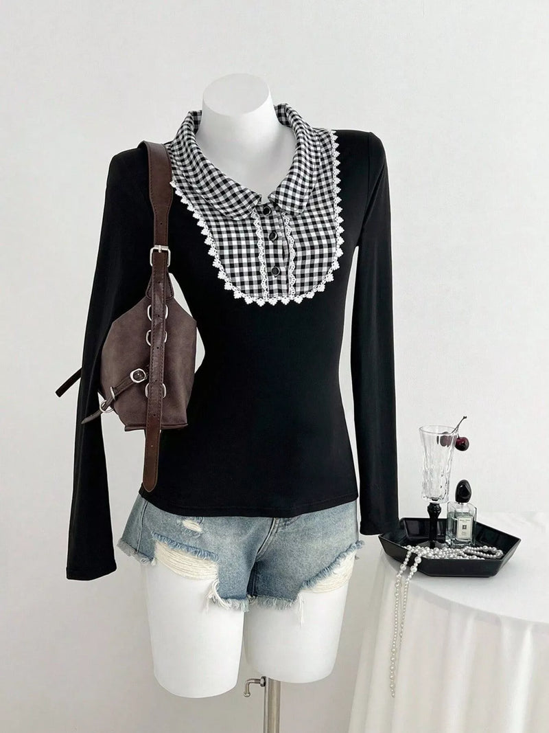 Black long sleeve tee with a gingham collar, front view