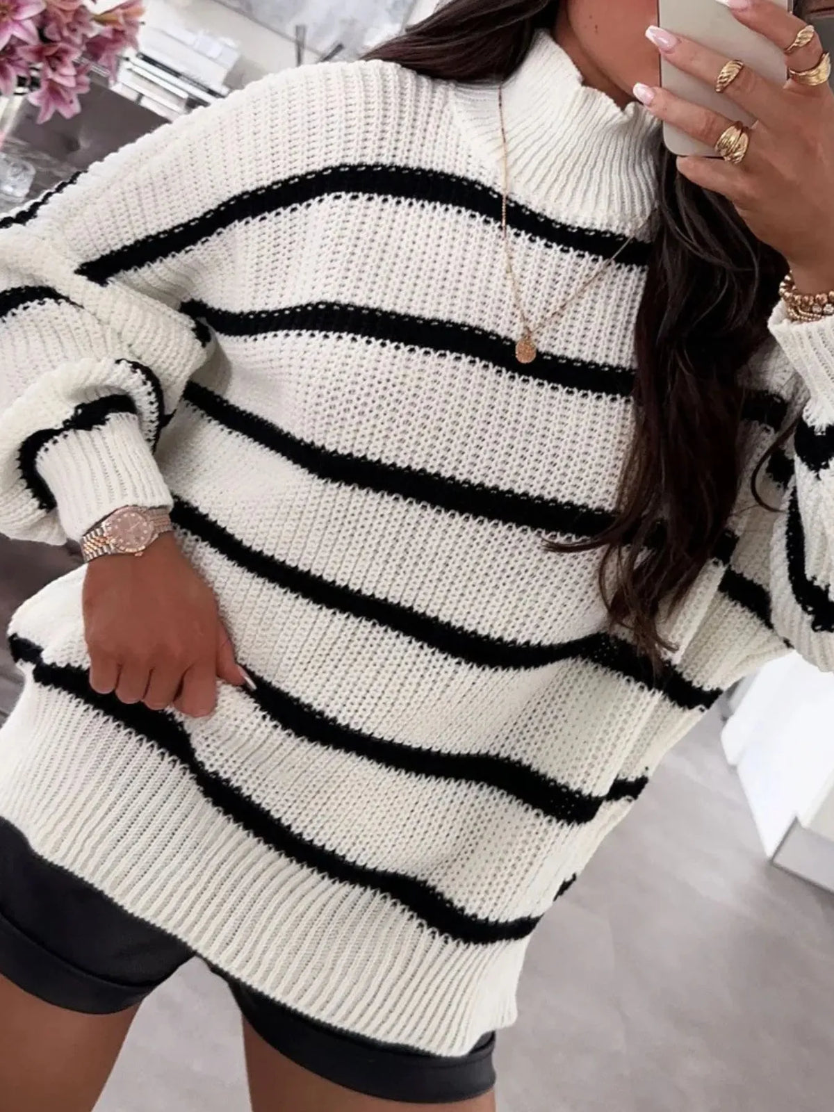 Striped turtleneck in white colorway