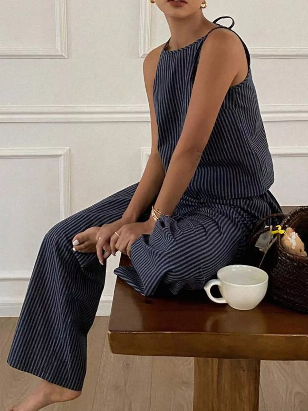 Striped Sleeveless Top and Wide Leg Pants Set, view 5