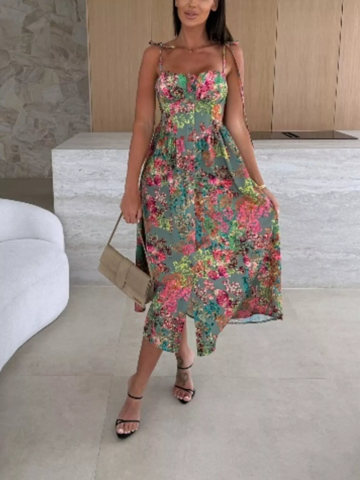 Printed tie strap midi dress front view