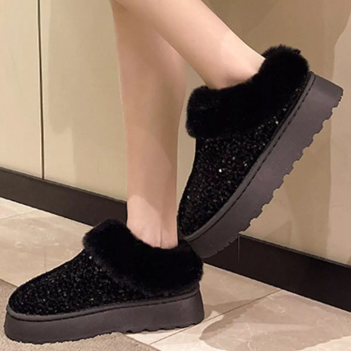 Sequin round toe platform boots side profile