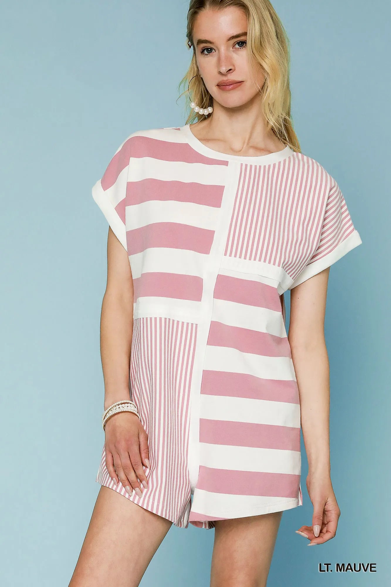 Umgee Mixed Striped Short Sleeve Romper LT. MAUVE - Fashorio