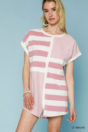 Umgee Mixed Striped Short Sleeve Romper LT. MAUVE - Fashorio