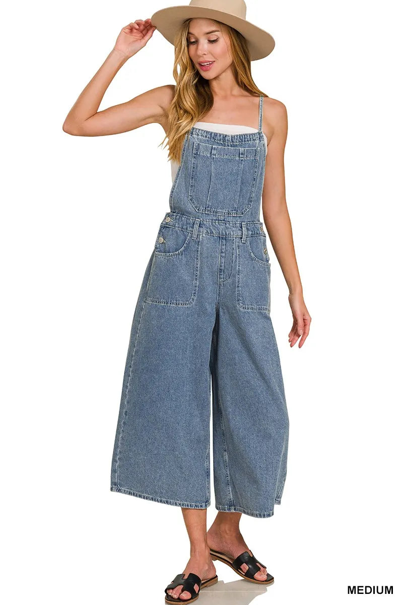 Zenana Denim Medium Washed Wide Leg Overalls MEDIUM - Fashorio