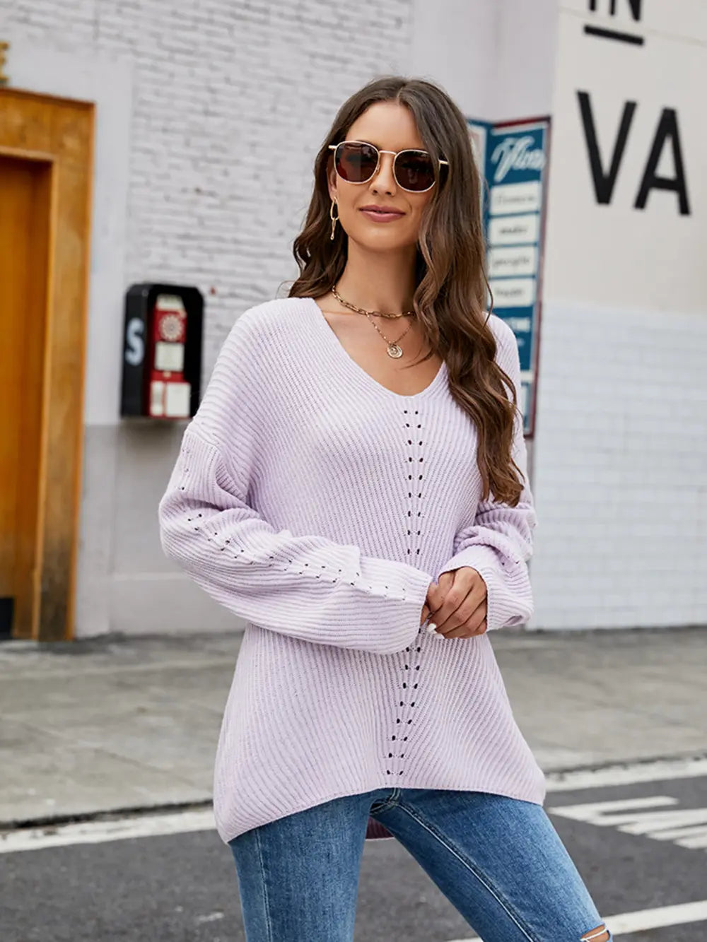 Openwork Dropped Shoulder Long Sleeve Sweater - Fashorio