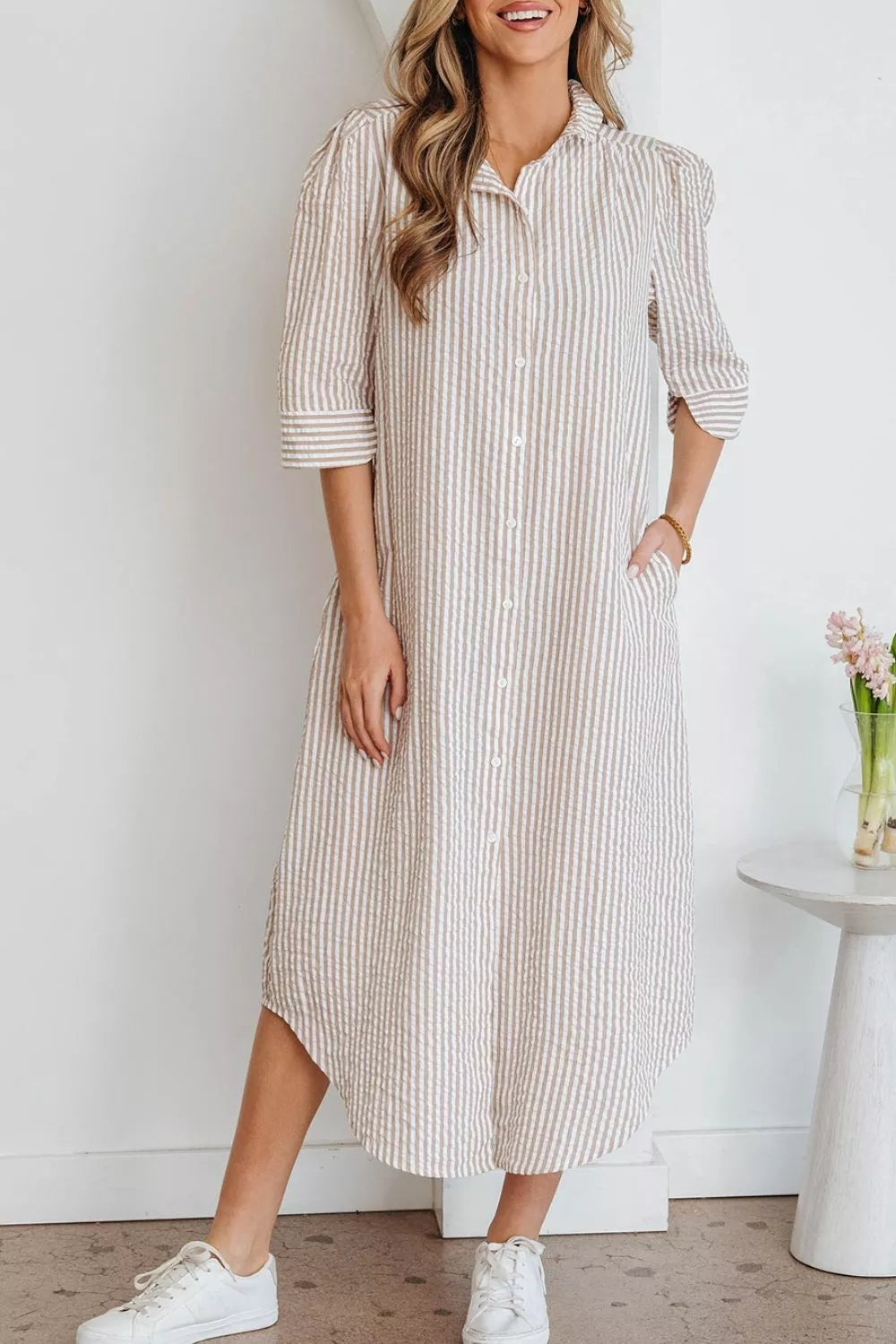 Button front placket detail on shirt dress