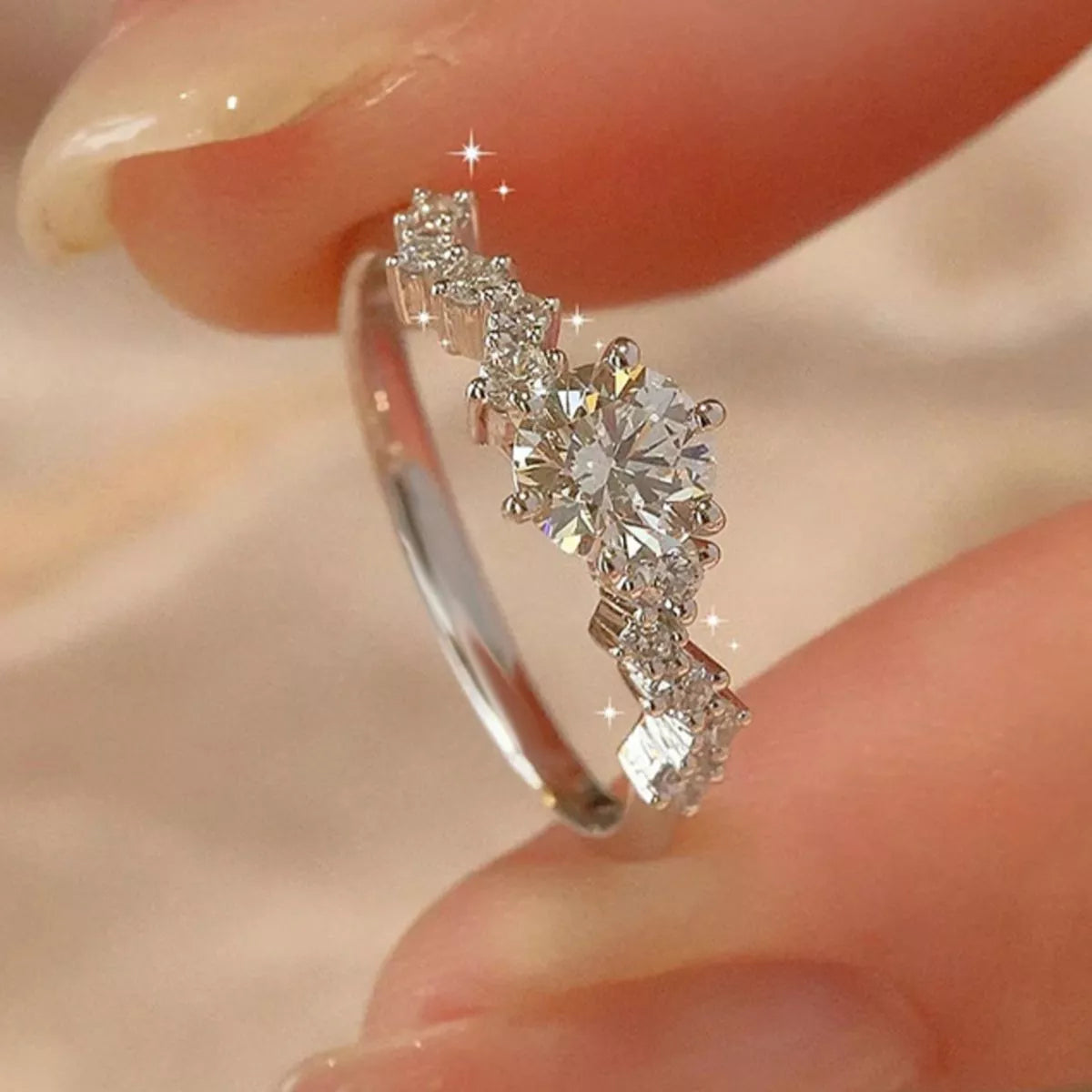Two carat sterling silver moissanite ring side view