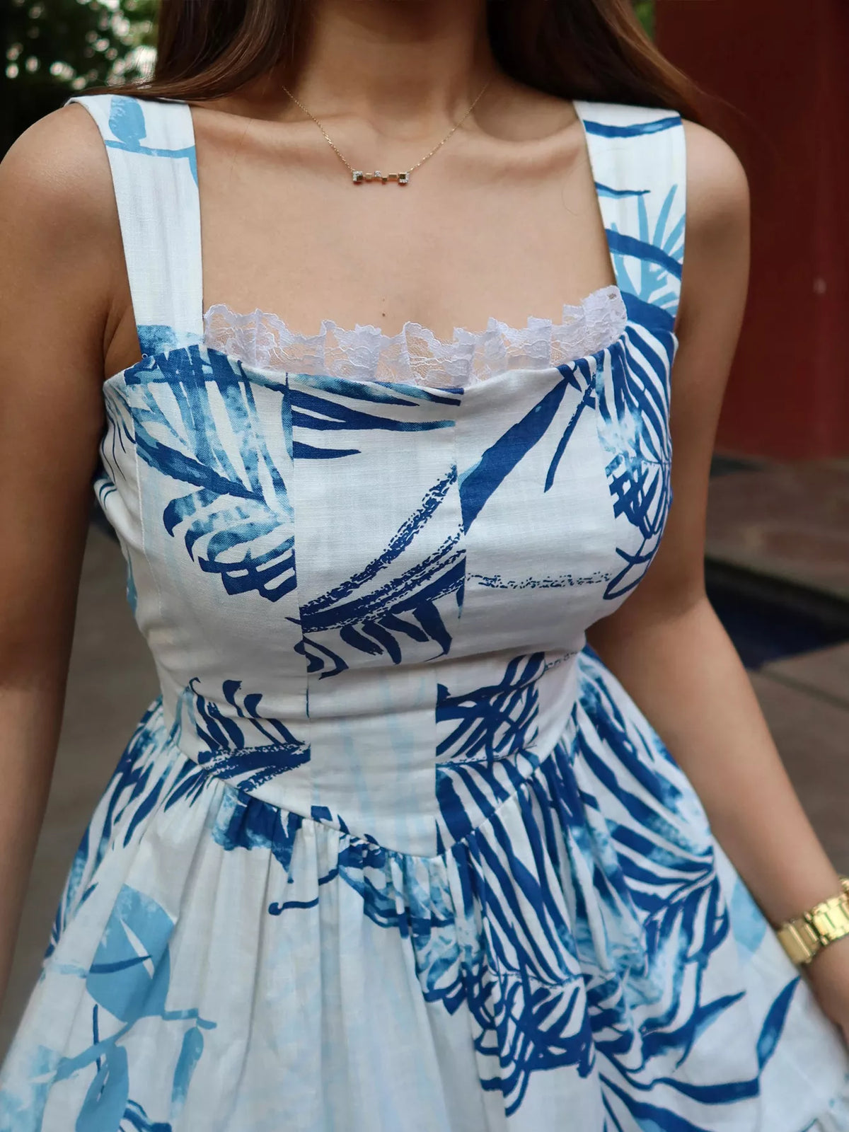 blue tropical print tiered lace maxi dress fabric and print detail