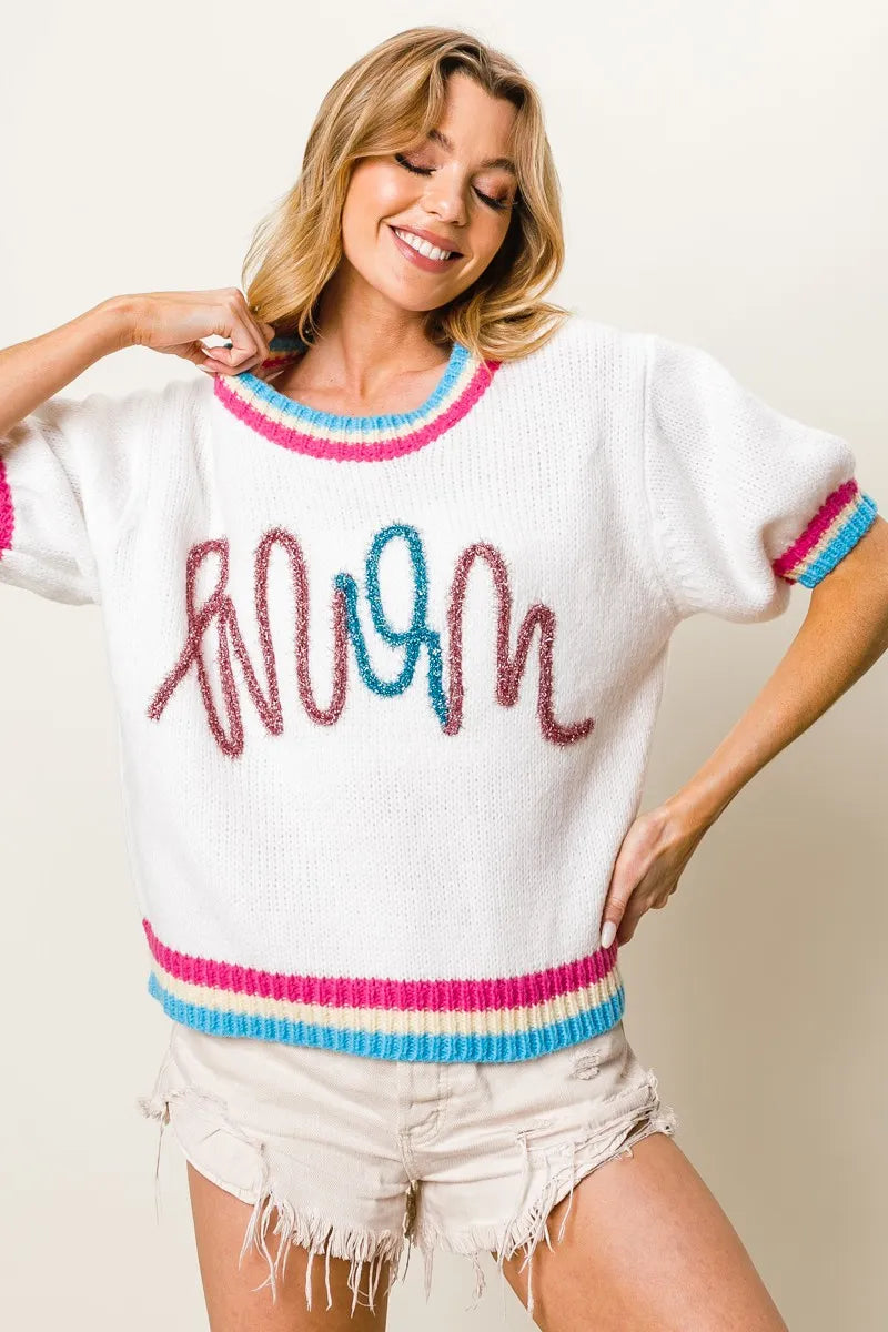 BiBi Metallic Letter Short Puff Sleeve Sweater - Fashorio