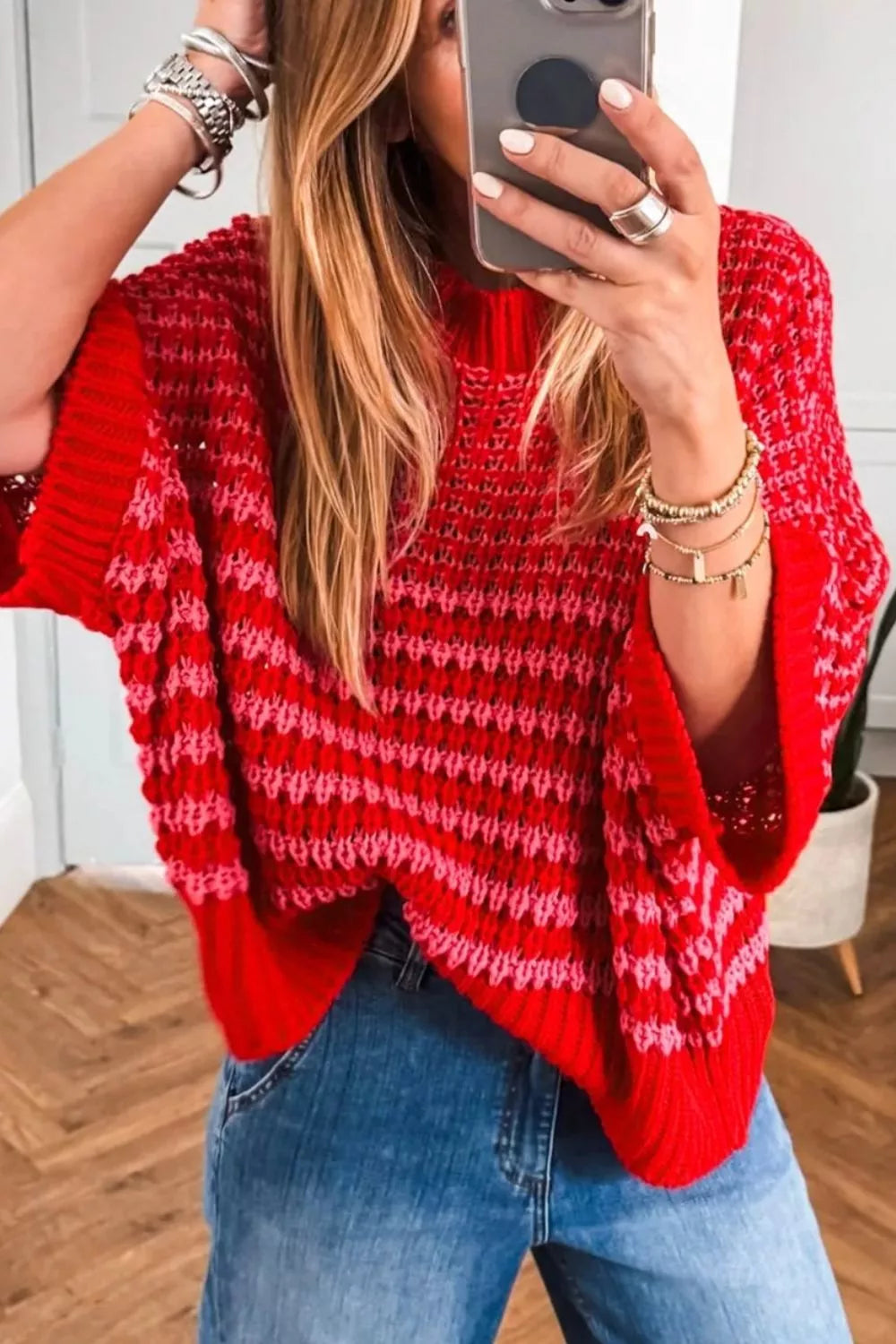 Crochet sweater eyelet ruffle detail close up