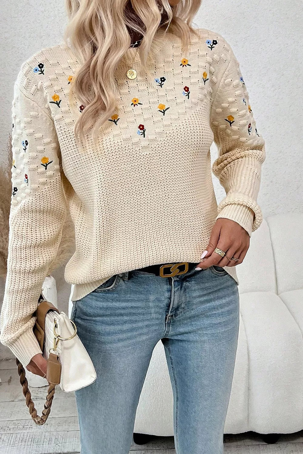 floral embroidered drop shoulder sweater beige sleeve and cuff detail