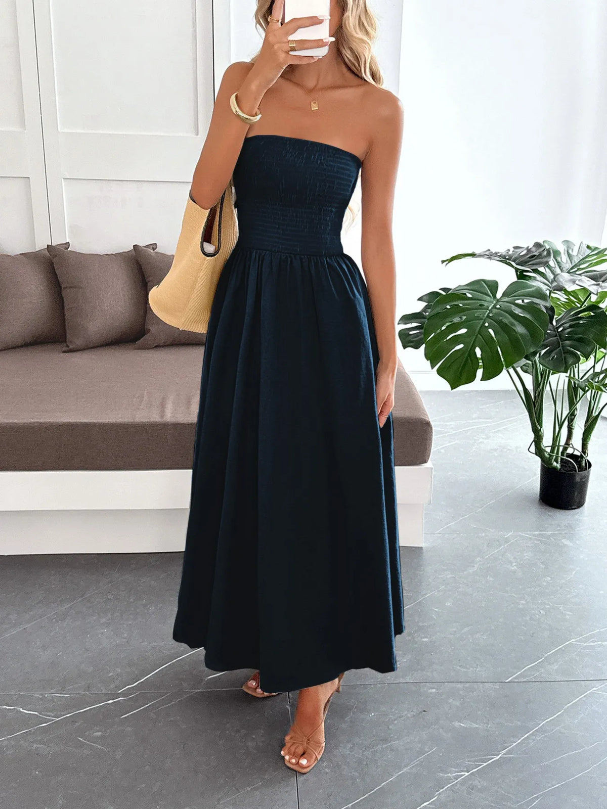 smocked tube maxi dress front view