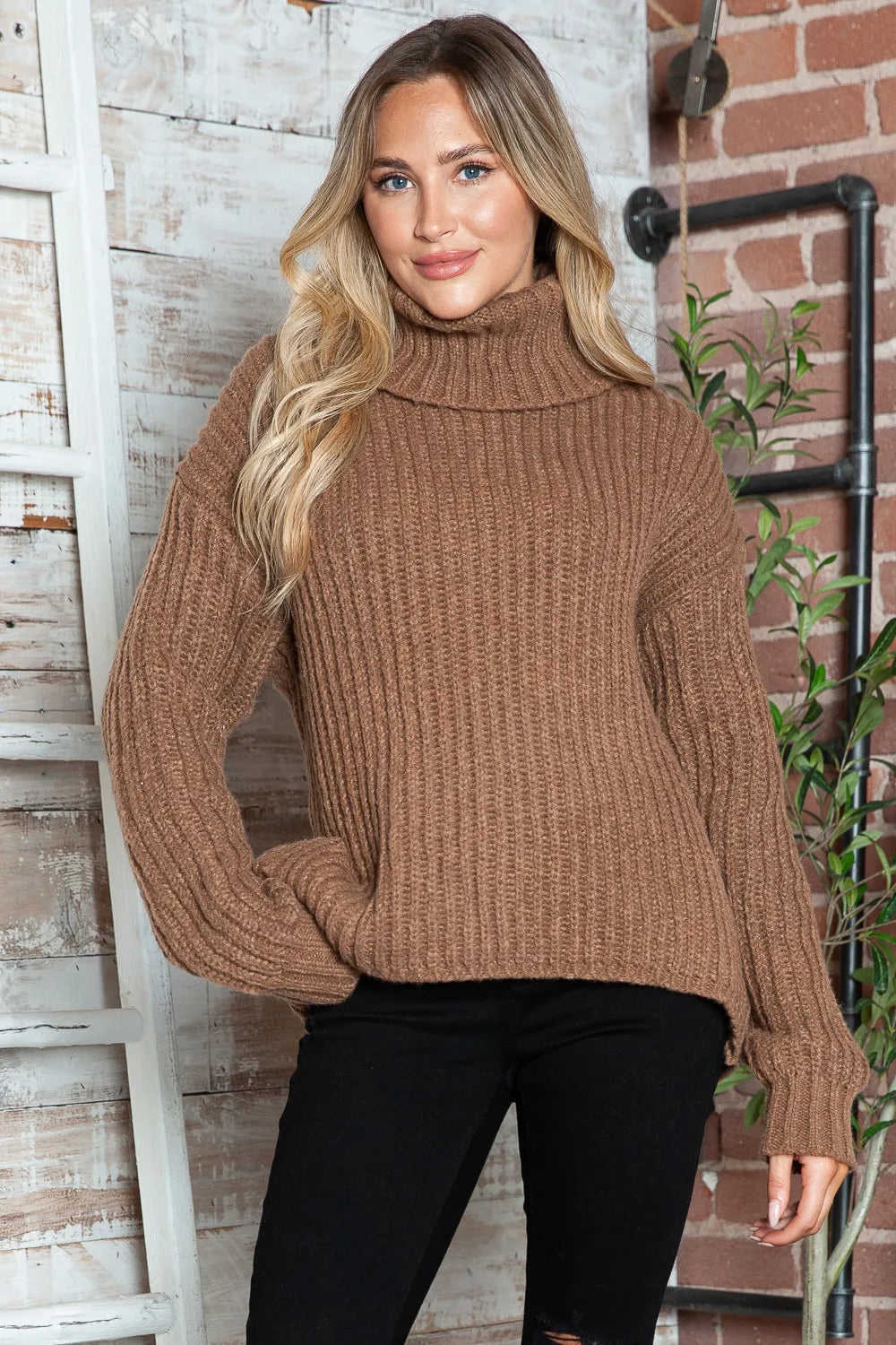 Turtleneck Dropped Shoulder Pullover Sweater Brown - Fashorio