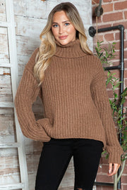 Turtleneck Dropped Shoulder Pullover Sweater Brown - Fashorio
