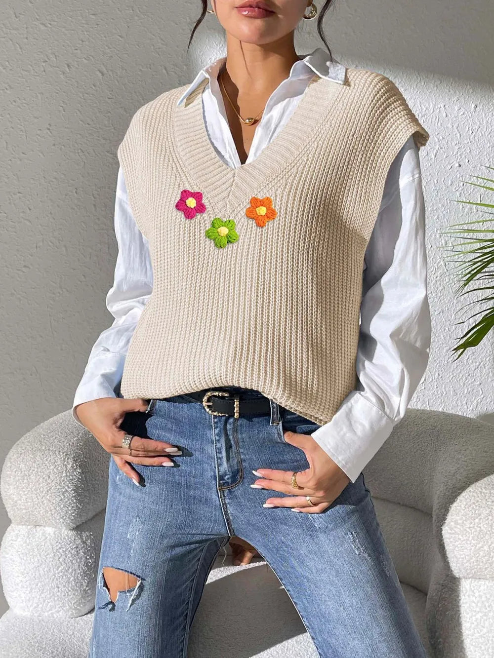 Floral V Neck Sweater Vest in Ivory view 7