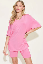 Basic Bae Full Size V-Neck Drop Shoulder T-Shirt and Shorts Set Pink - Fashorio