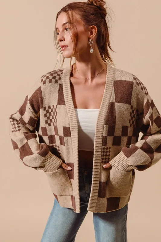 SO ME Checkered Open Front Cardigan with Pockets OATMEAL MOCHA - Fashorio