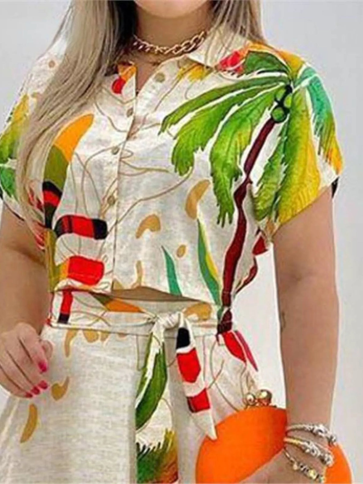 Tropical print two piece maxi skirt set side view