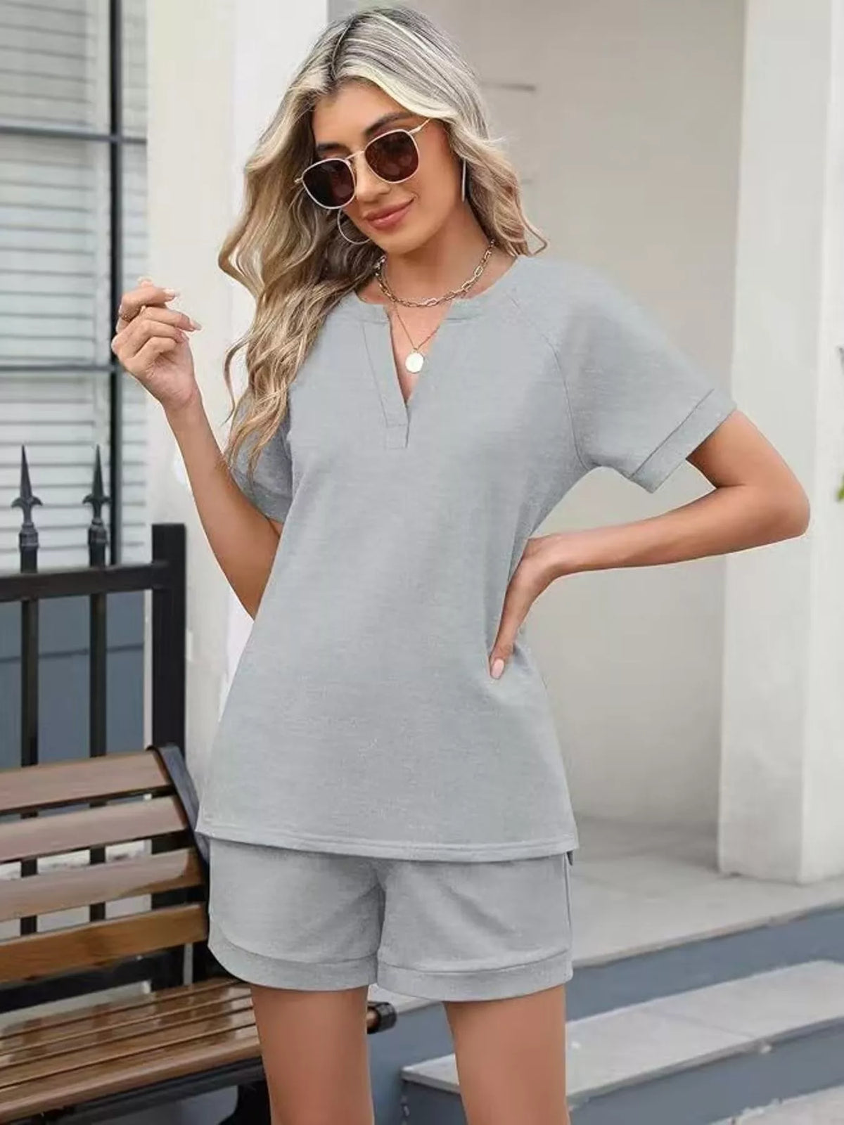 Solid Short Sleeve Top and Shorts Set, view 29