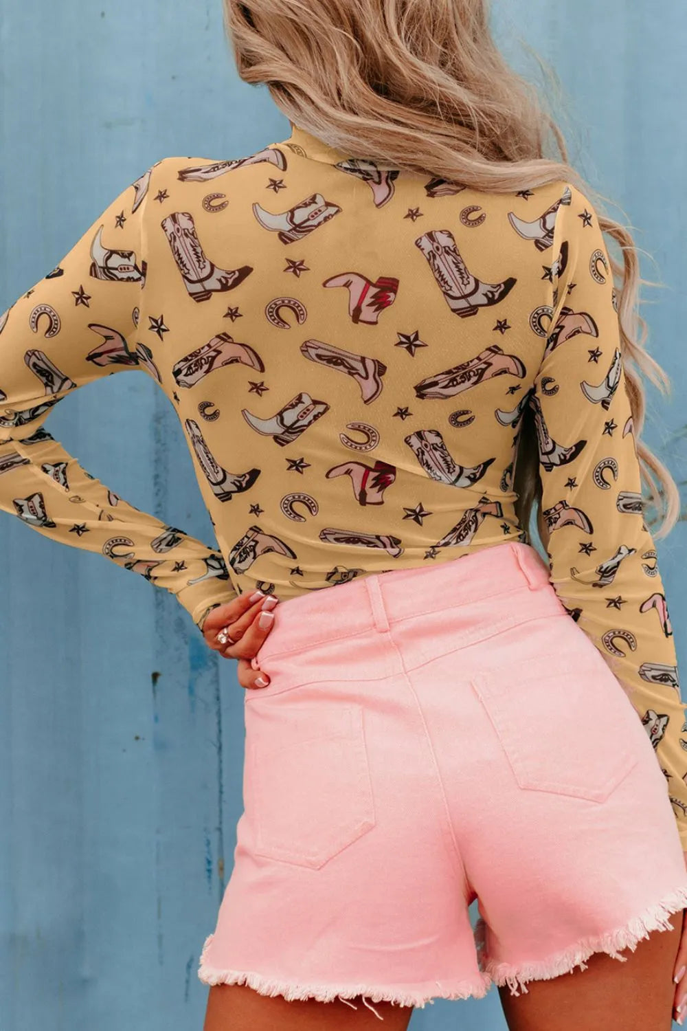 Printed Mock Neck Long Sleeve Bodysuit - Fashorio