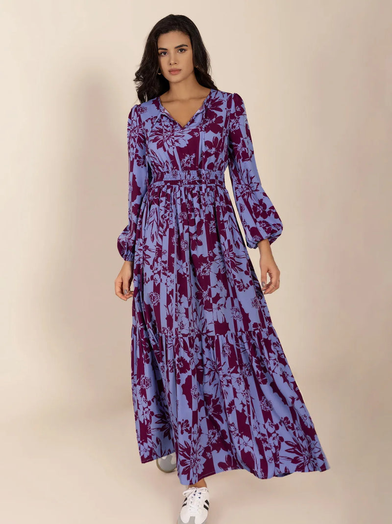 Printed tie neck balloon sleeve maxi dress front view