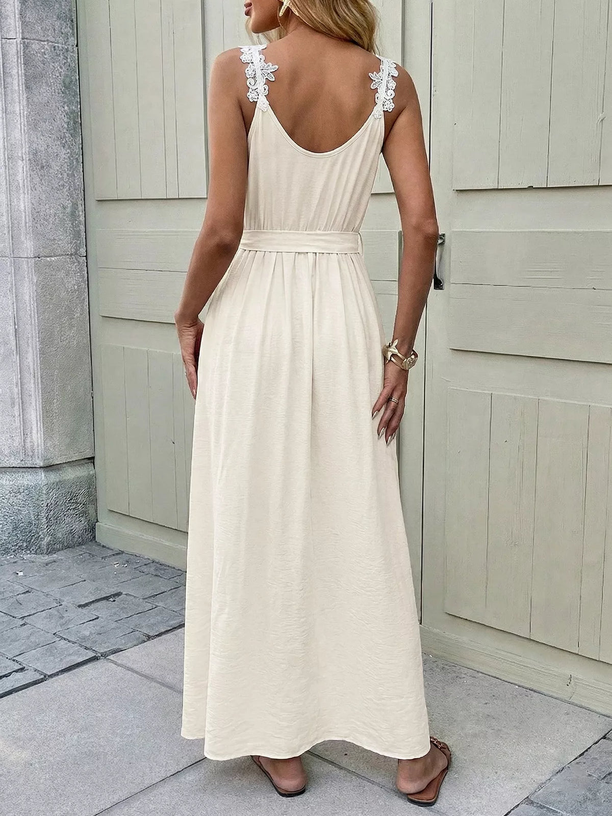 Lace Trimmed Slit Maxi Dress tie waist detail