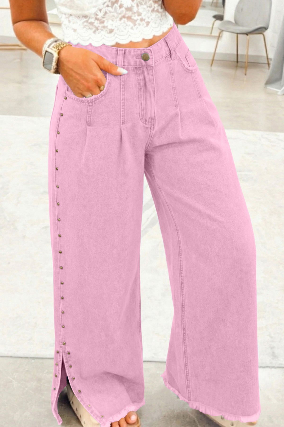 Pink wide leg beaded side detail jeans front view