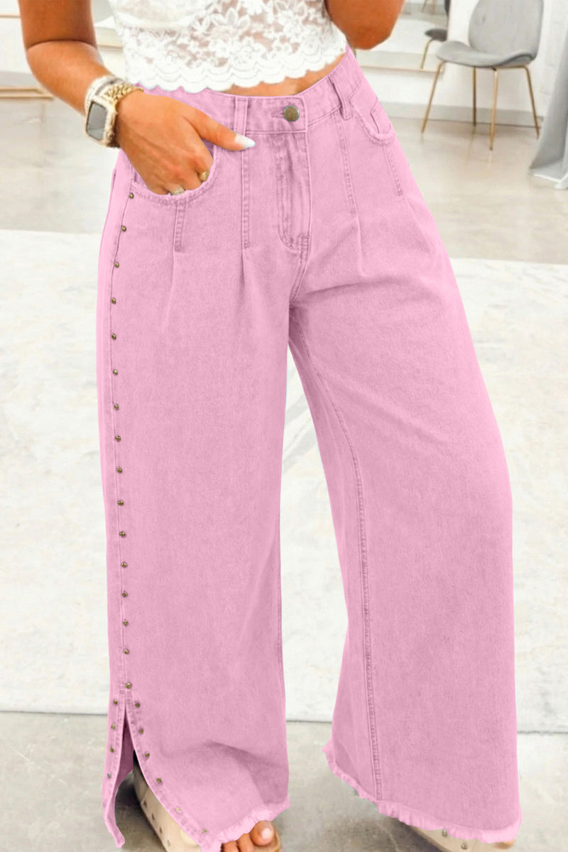 Pink wide leg beaded side detail jeans front view