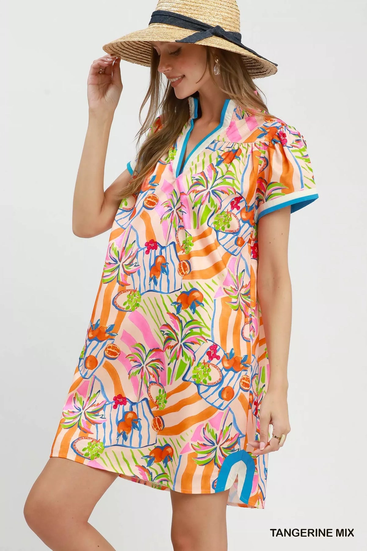 Tangerine tropical print collared shift dress side view