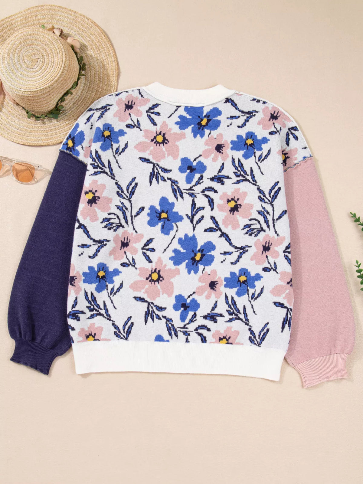 floral patchwork colorblock knit sweater styling detail